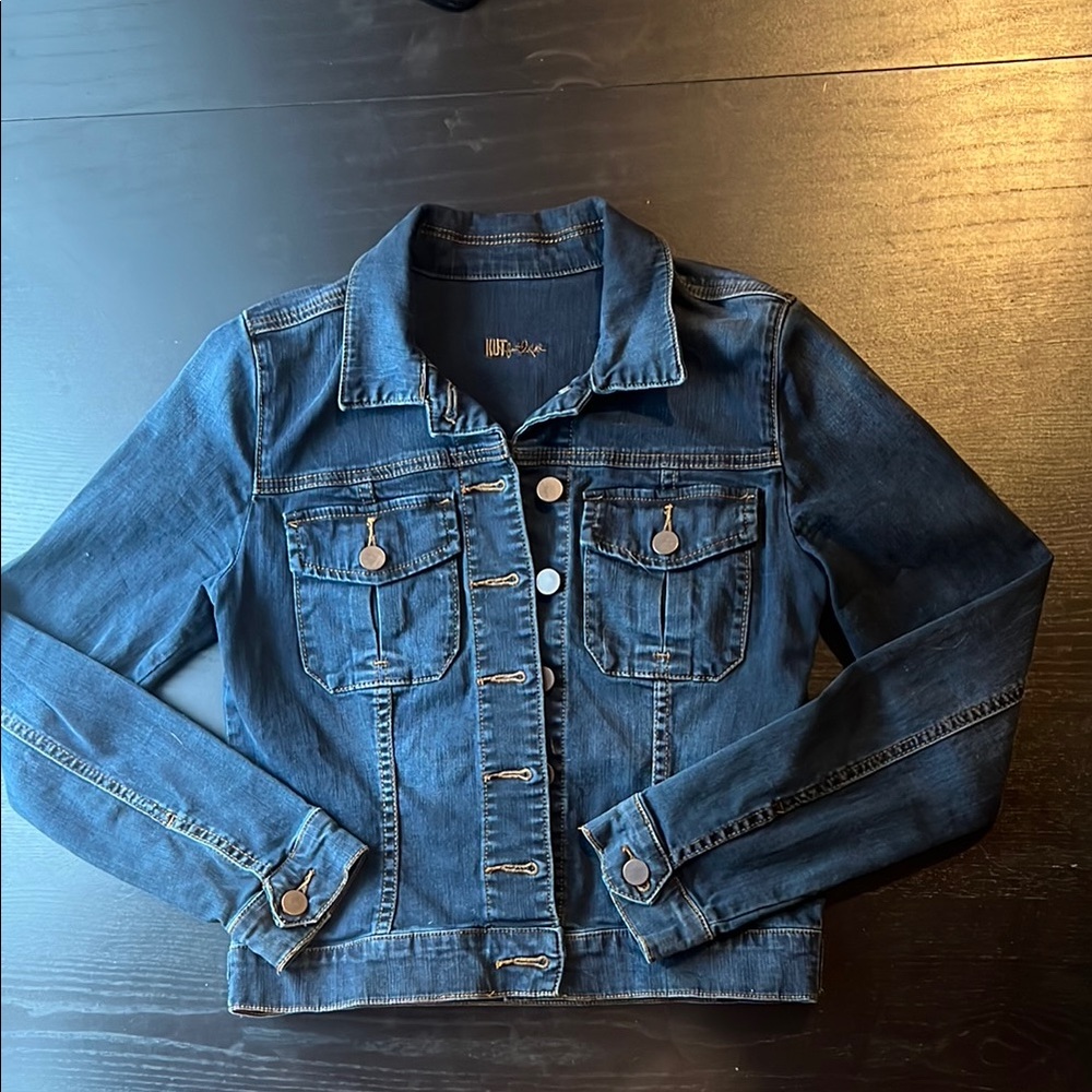 Kut from the Kloth Dark Denim Jacket with Gold Embroidery